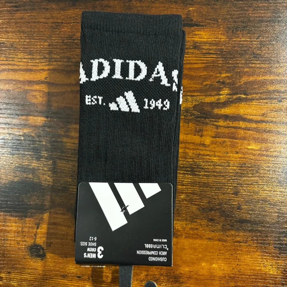 ADIDAS Foundation Sport 3-Pack Men’s Crew Socks BLACK WHITE Cushioned SIZE‎ 6-12